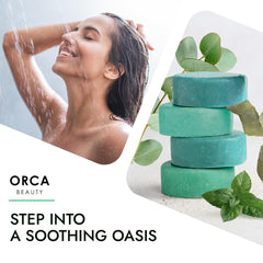Orca Beauty Aromatherapy Shower Steamers with eucalyptus and peppermint notes for refreshing mornings.