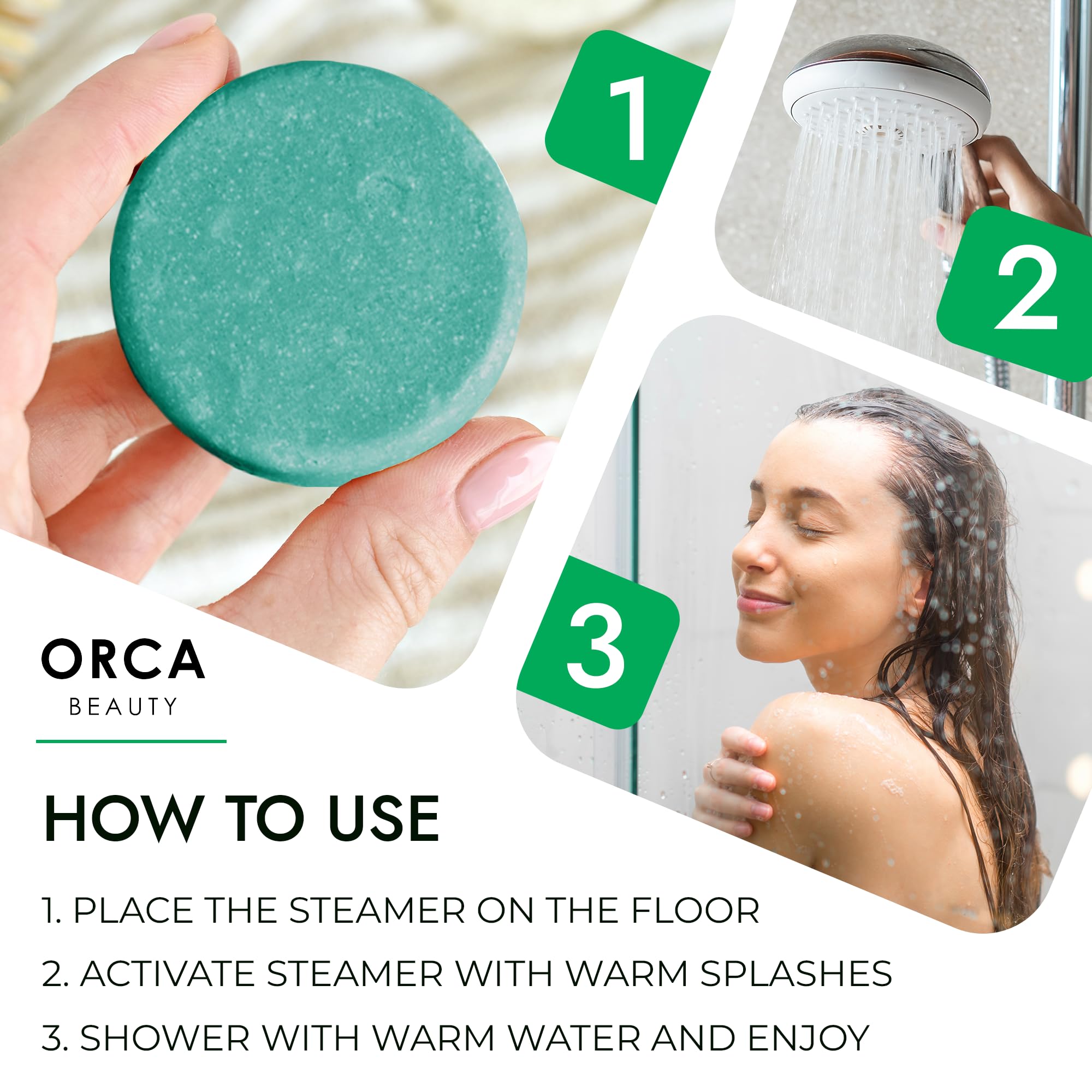 Orca Beauty Eucalyptus Peppermint shower tablets creating revitalizing steam in minutes.