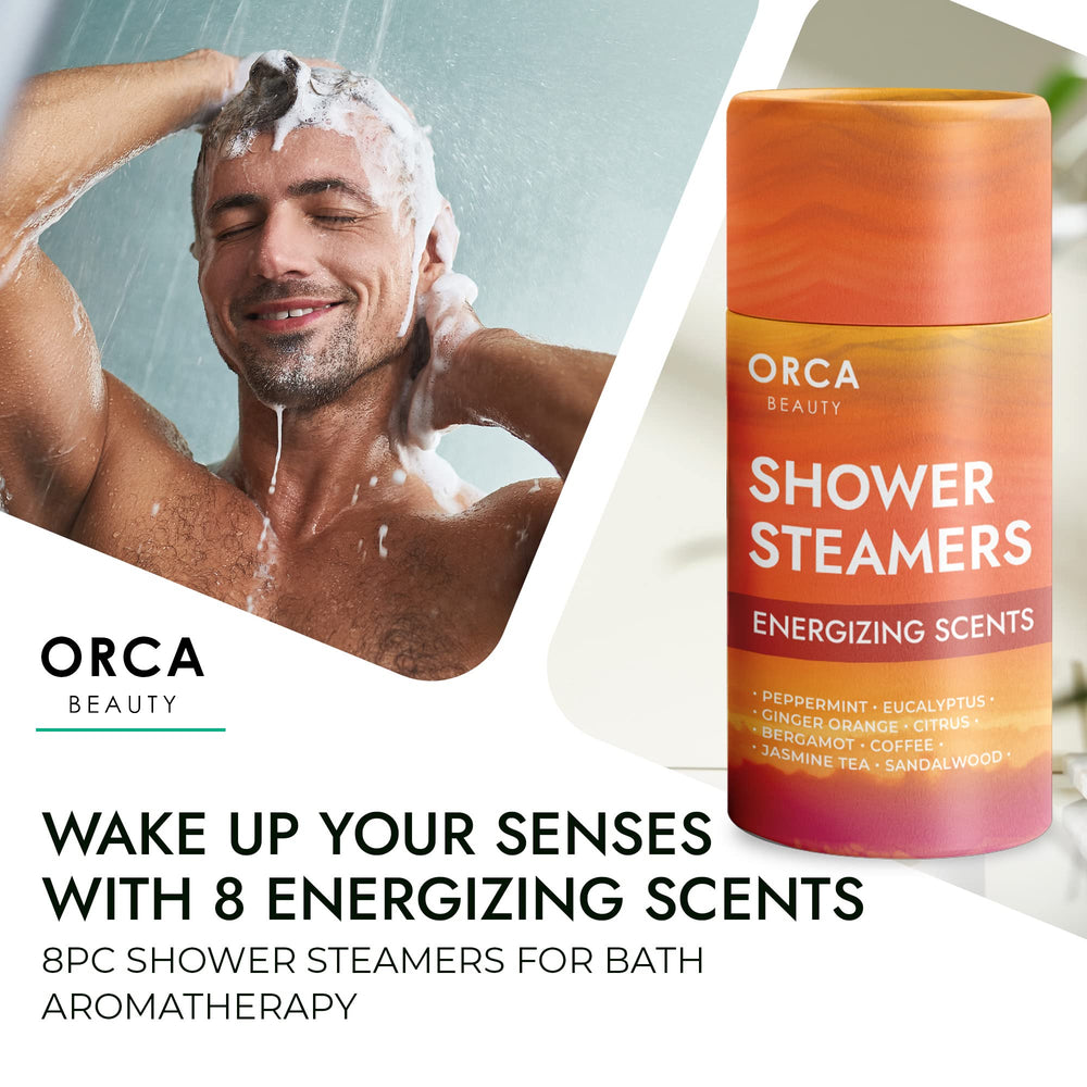 Orca Beauty Bergamot shower steamer to uplift mood during routine.