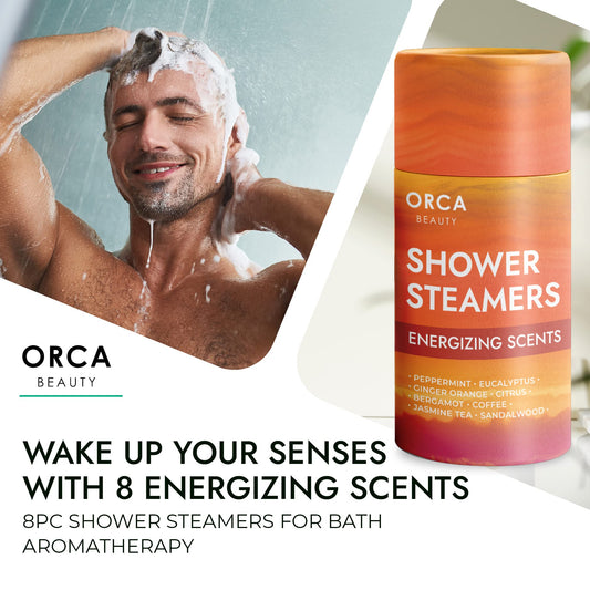 Orca Beauty Bergamot shower steamer to uplift mood during routine.