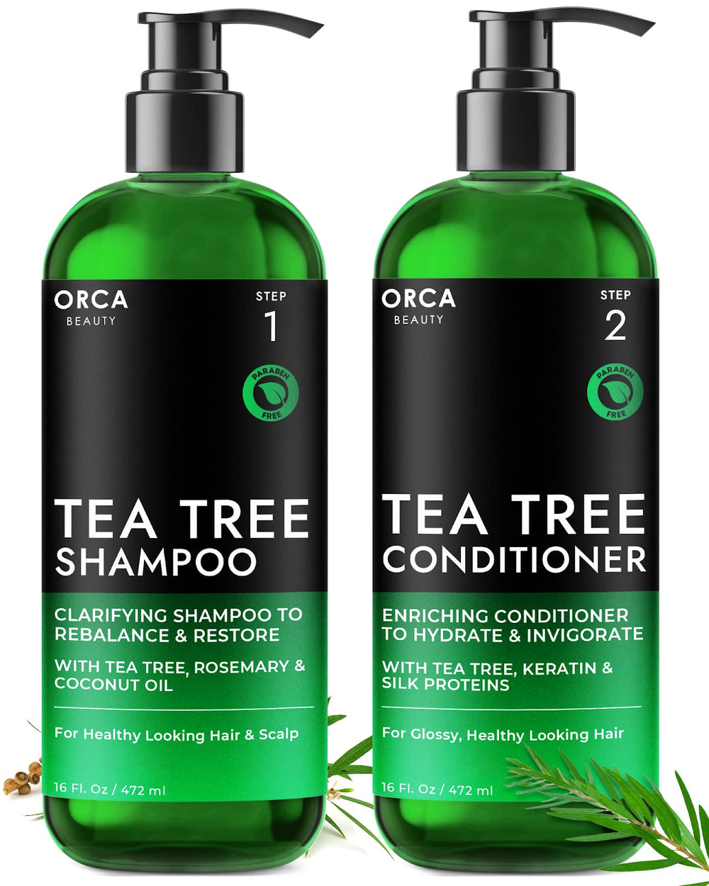 Orca Beauty Tea Tree Shampoo bottle with clear label for a natural cleanse