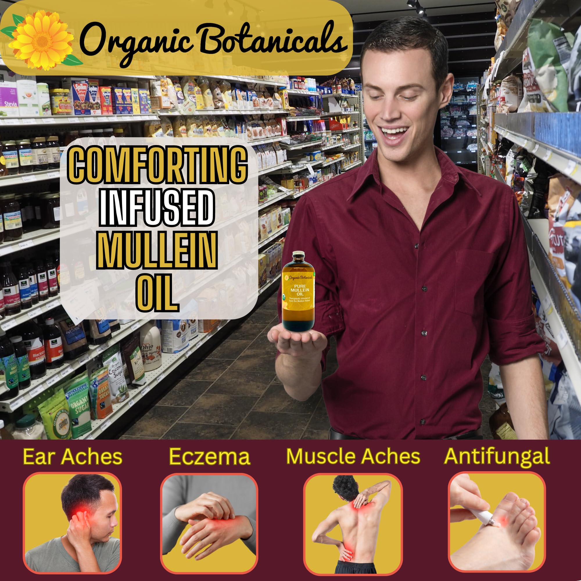 Organic Botanicals mullein oil label closeup emphasizes organic sourcing and quality