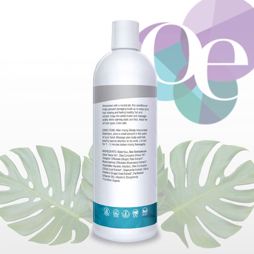 Organic Excellence unscented conditioner close-up reveals smooth texture for gentle cleansing.