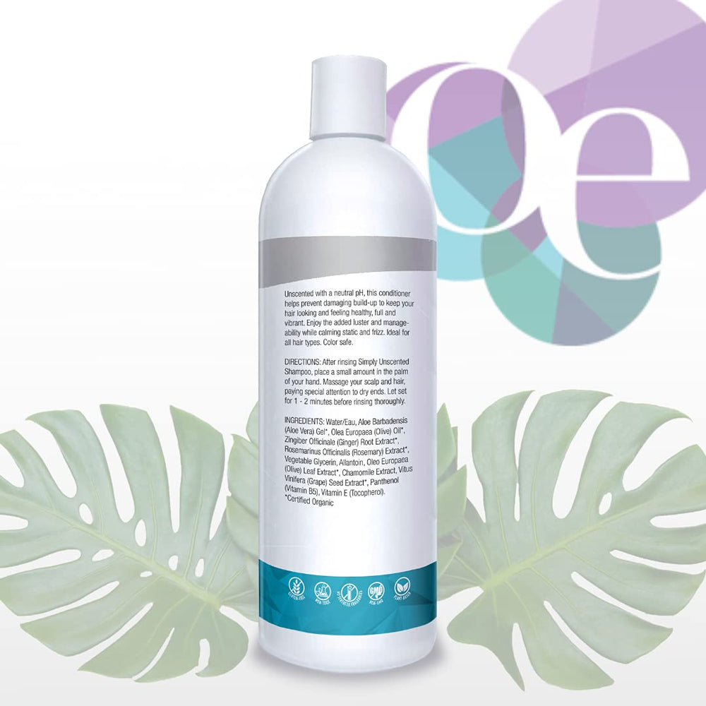 Organic Excellence unscented conditioner close-up reveals smooth texture for gentle cleansing.