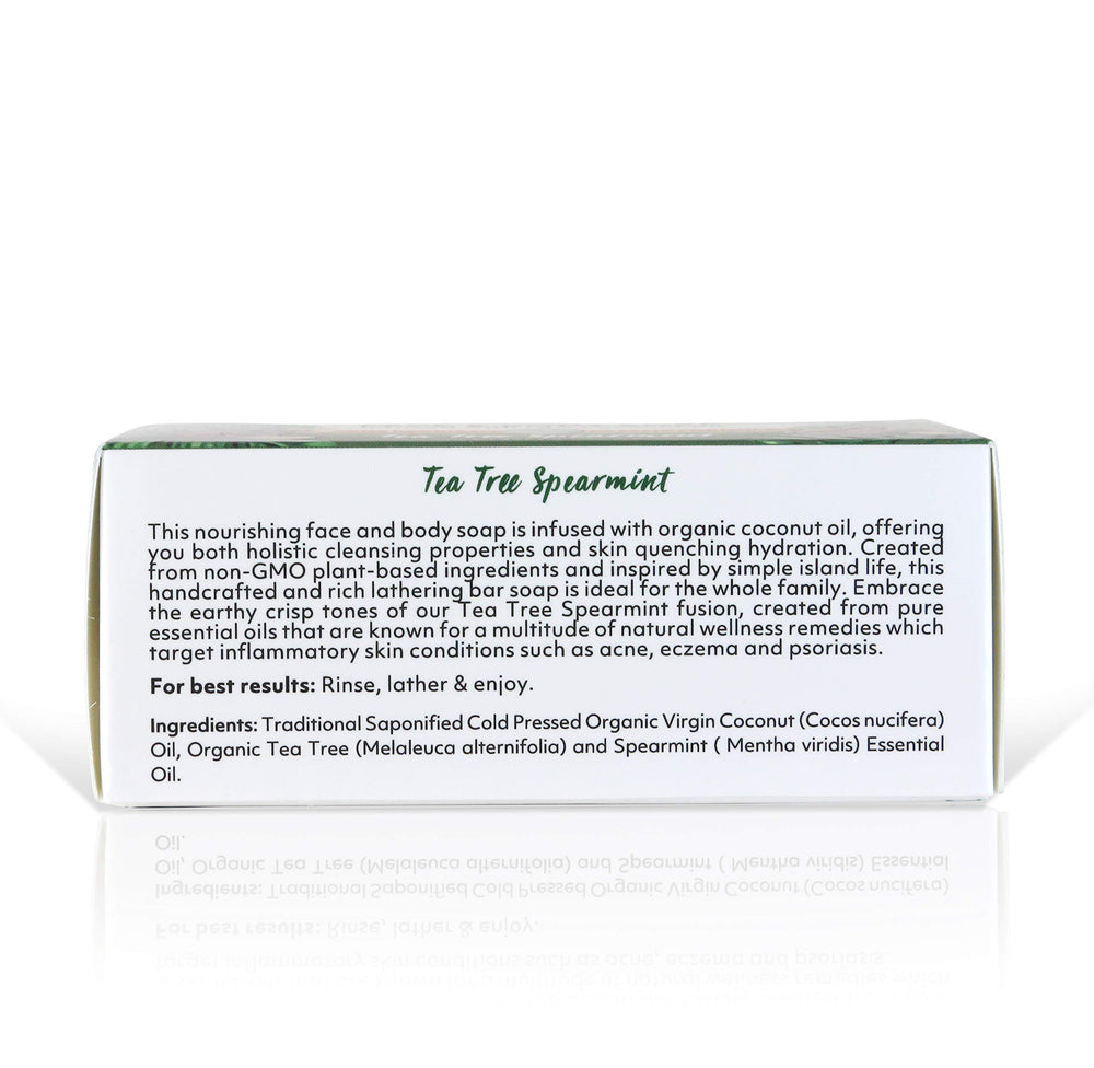 Organic Fiji Tea Tree Spearmint oil suds provide refreshing cleansing.