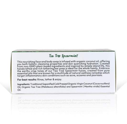 Organic Fiji Tea Tree Spearmint oil suds provide refreshing cleansing.
