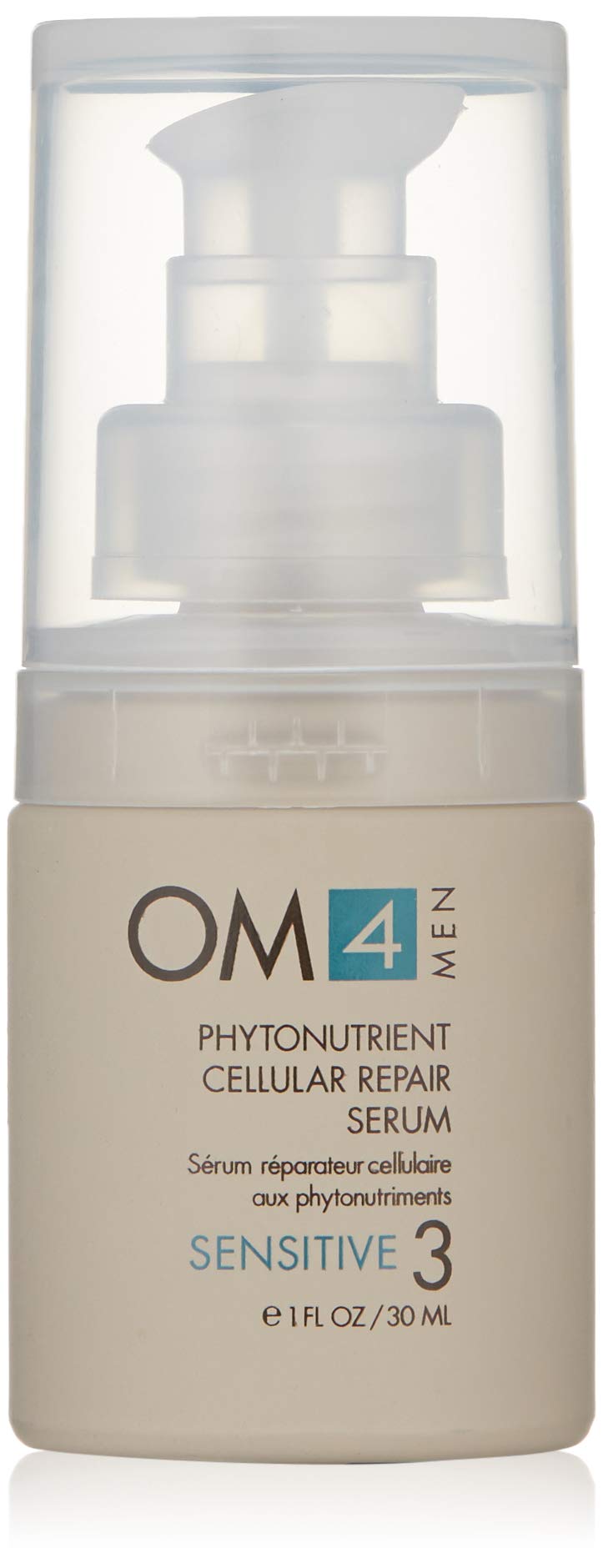 Organic Male OM4 Sensitive Step 3 bottle closeup showing calming formula for sensitive skin.