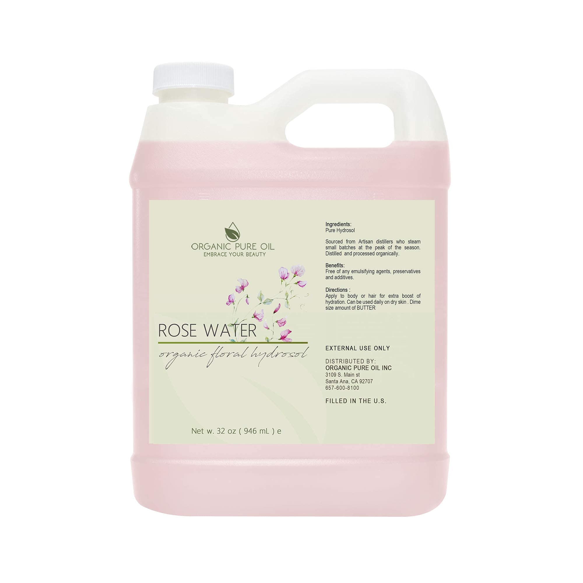 Organic Pure Oil Rose Hydrosol Water label closeup highlighting rose ingredients