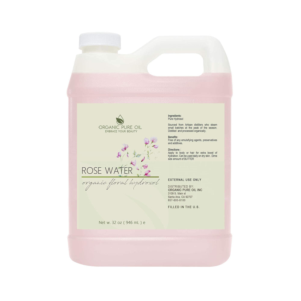Organic Pure Oil Rose Hydrosol Water label closeup highlighting rose ingredients