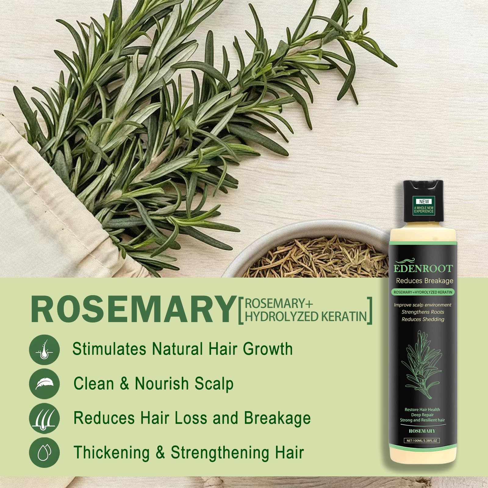 Organic Rosemary Hair Growth Shampoo amber bottle highlighting travel-friendly packaging.