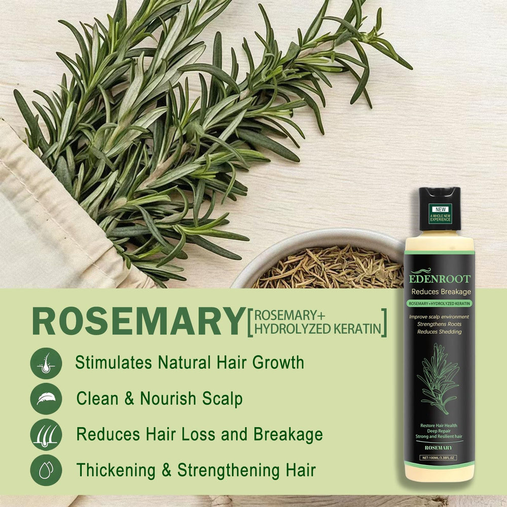 Organic Rosemary Hair Growth Shampoo amber bottle highlighting travel-friendly packaging.
