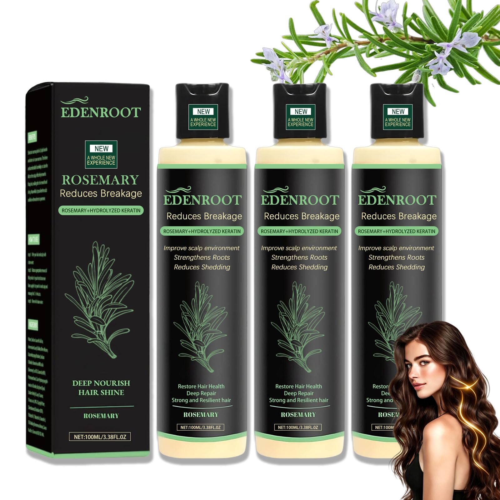 Organic Rosemary Hair Growth Shampoo bottle showing gentle cleanse for thinning hair.