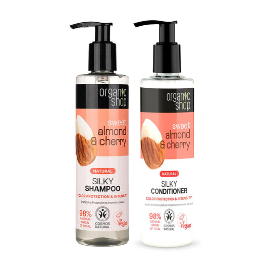 Organic Shop Almond Oil Shine bottle promotes silky hydration for color-treated hair.