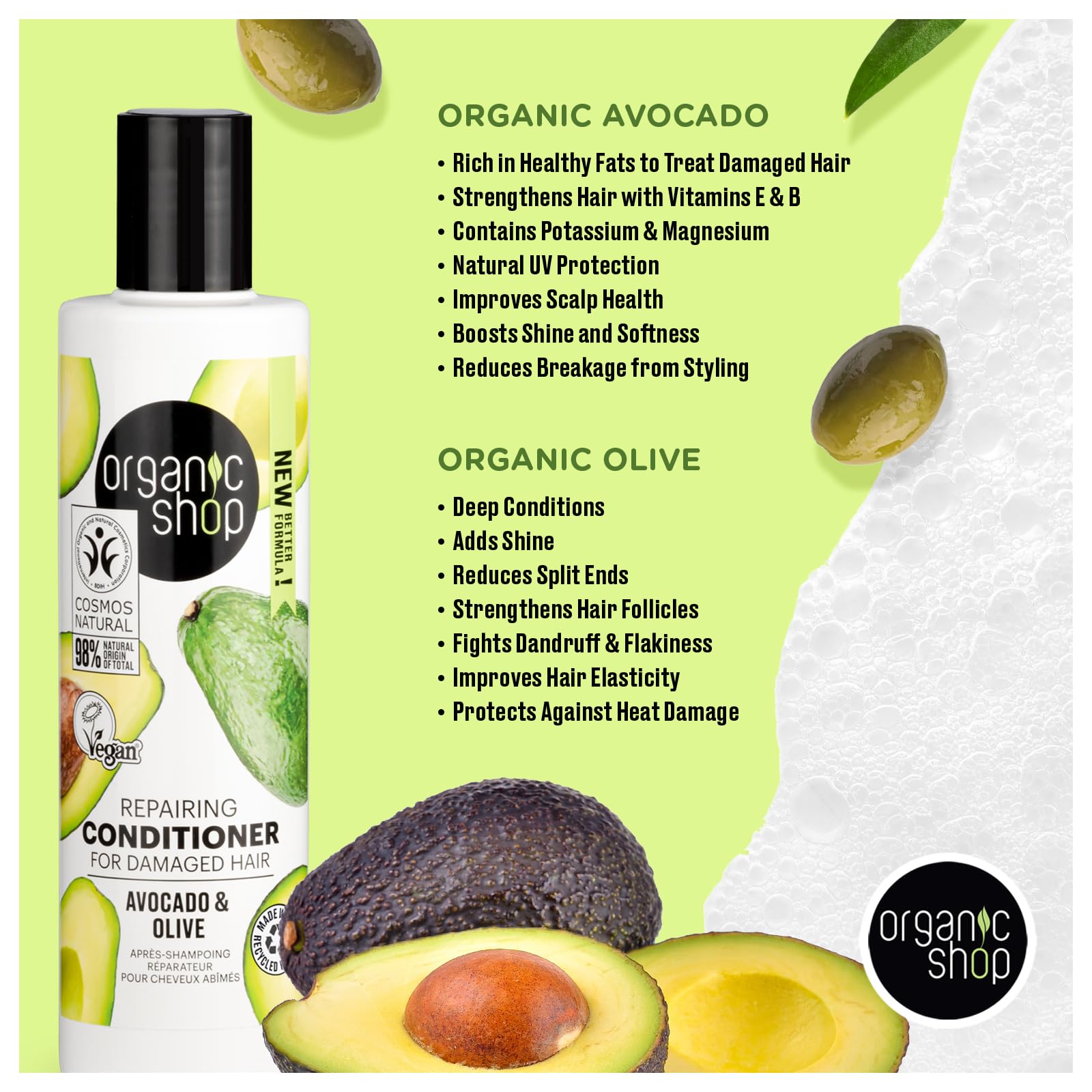 Organic Shop Avocado Repairing Shampoo and Conditioner pack on display