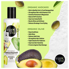 Organic Shop Avocado Repairing Shampoo and Conditioner pack on display