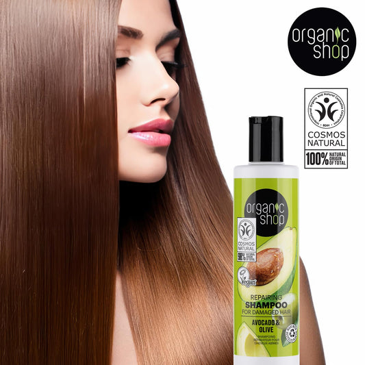 Organic Shop Avocado Repairing Shampoo ingredients highlighting avocado and olive oil for moisture