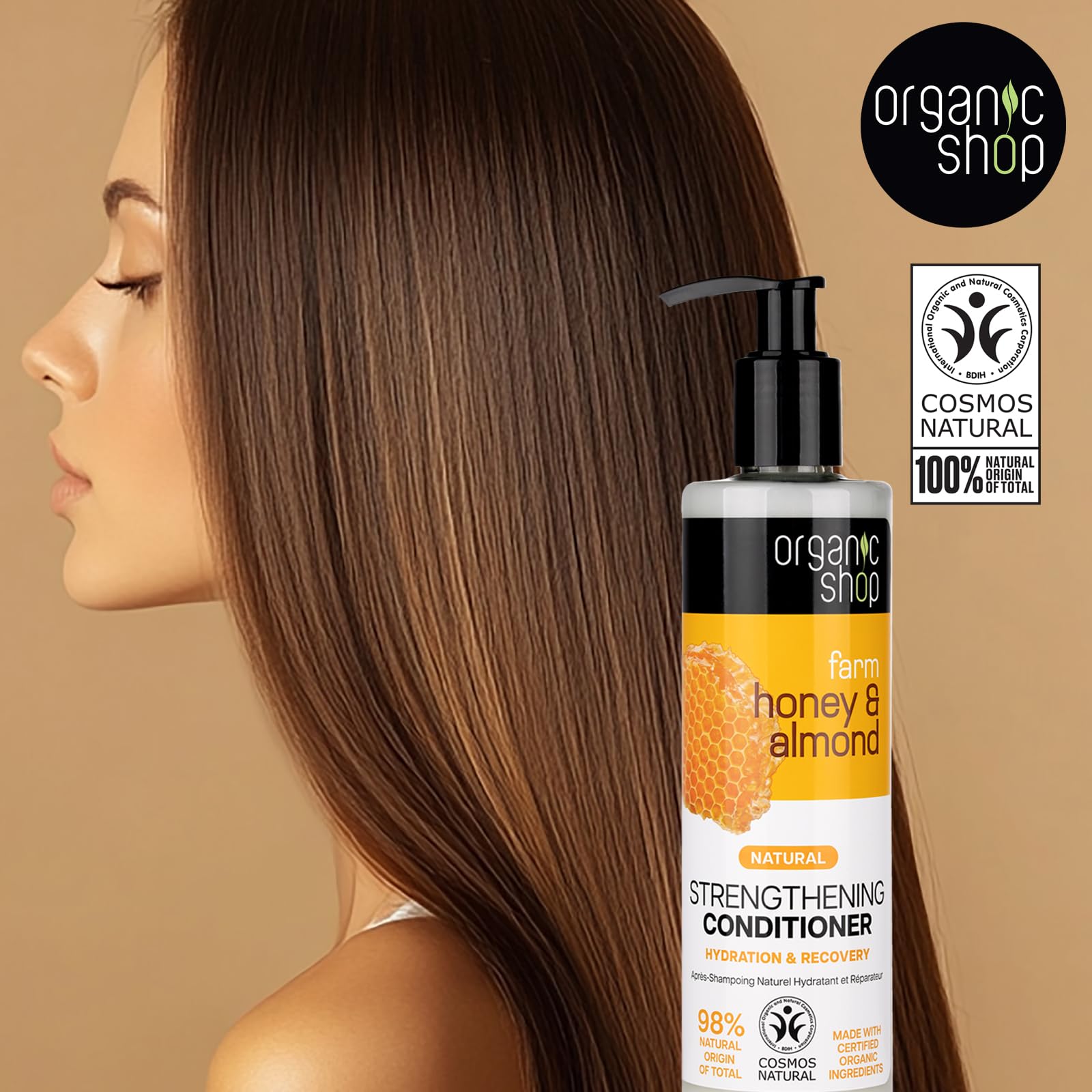 Honey and almond oil ingredients close-up in Organic Shop formula