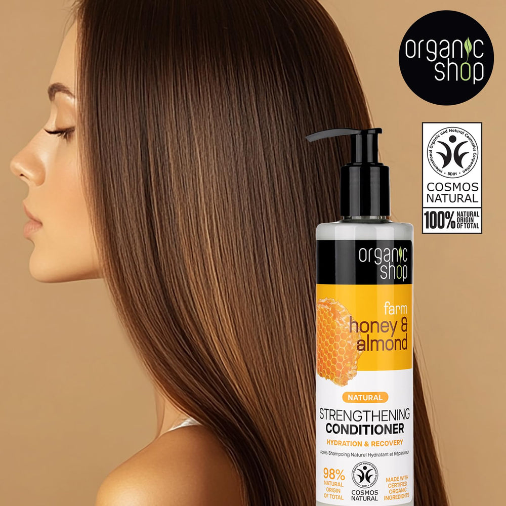 Honey and almond oil ingredients close-up in Organic Shop formula