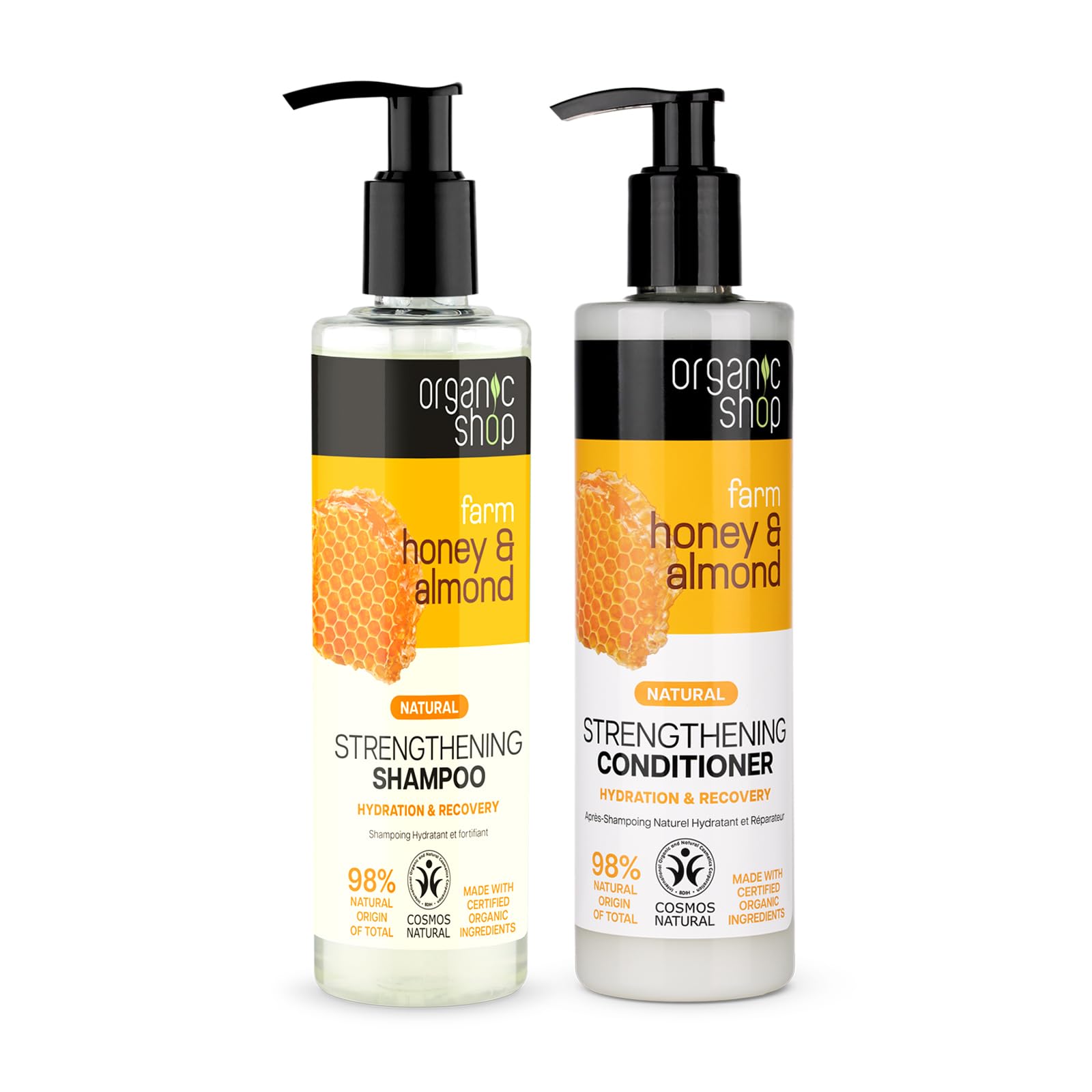 Organic Shop Honey & Almond Shampoo bottle highlighting hydration for dry hair
