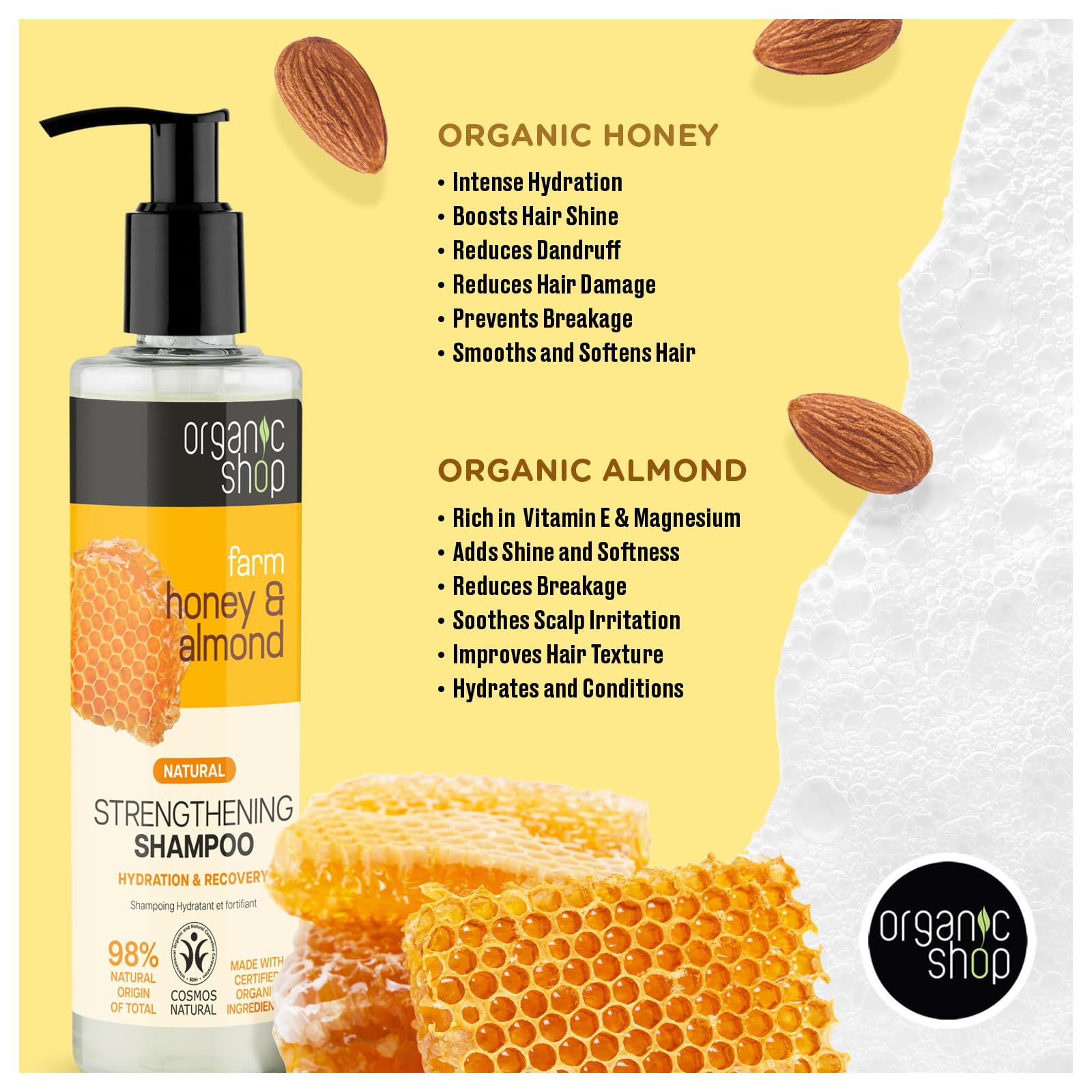 Hair strands show nourished texture from Organic Shop Honey & Almond