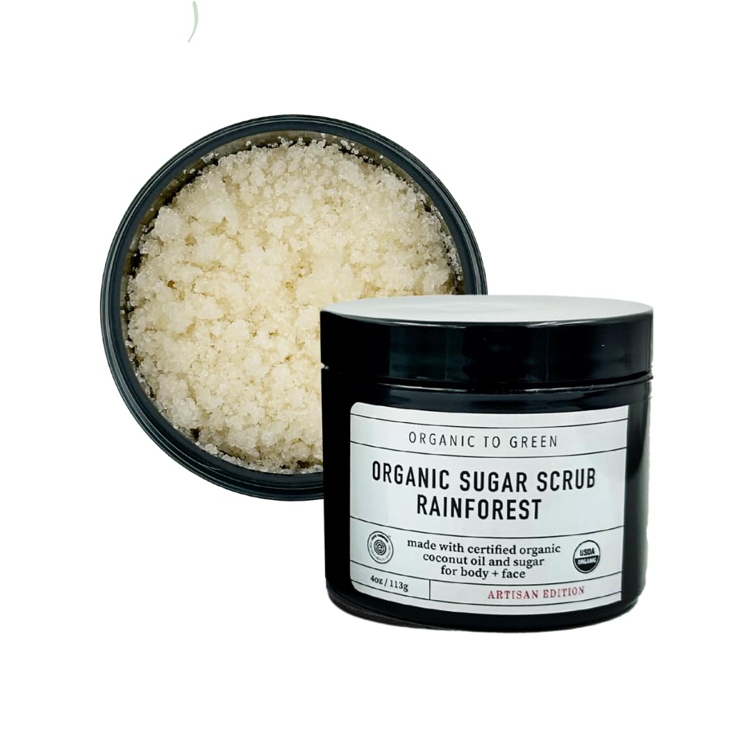Organic To Green Rainforest Sugar Coconut Oil Scrub bottle highlights exfoliation for smooth skin