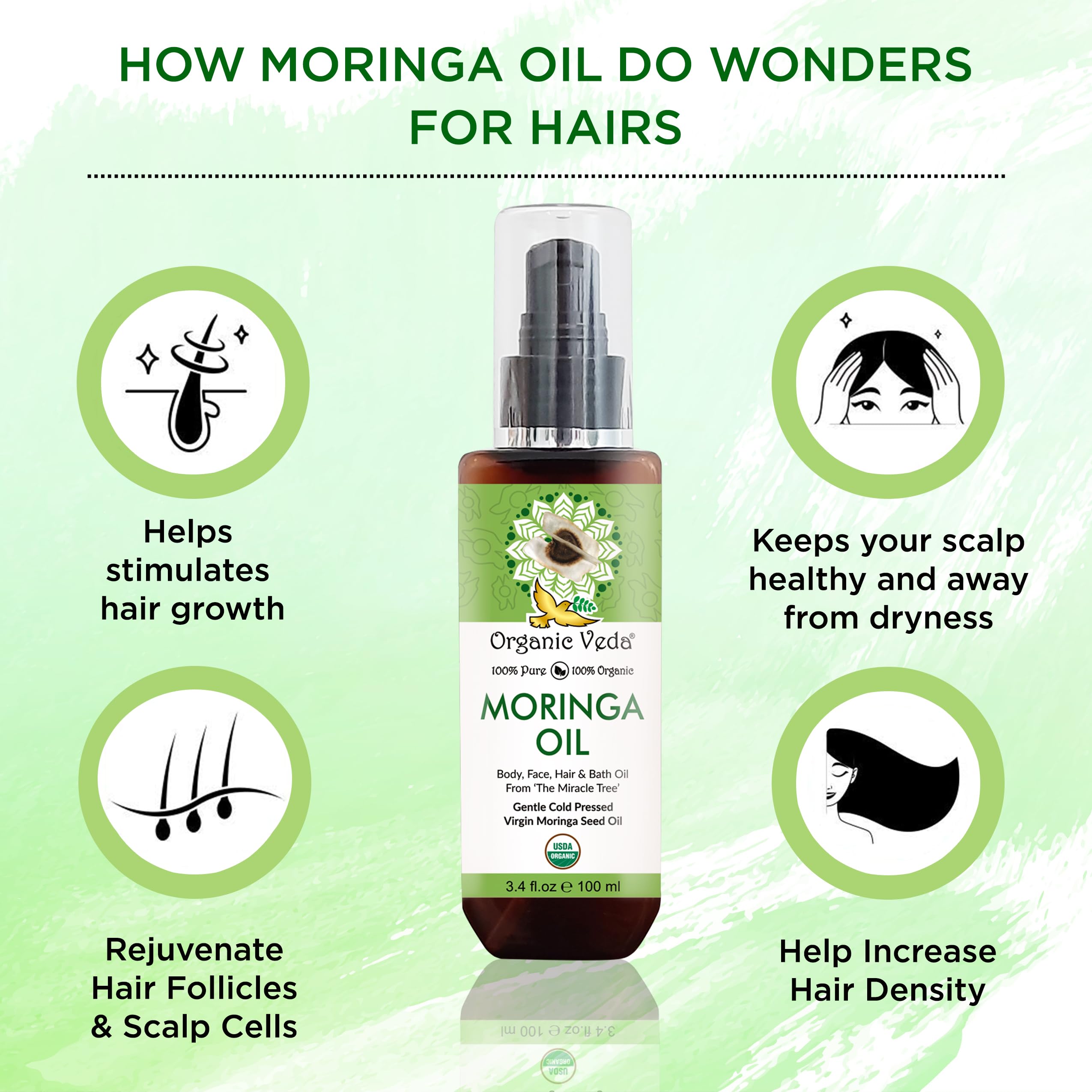 Organic Veda Moringa Oil on hair for scalp nourishment