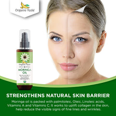 Organic Veda Moringa Oil label close-up shows organic certification