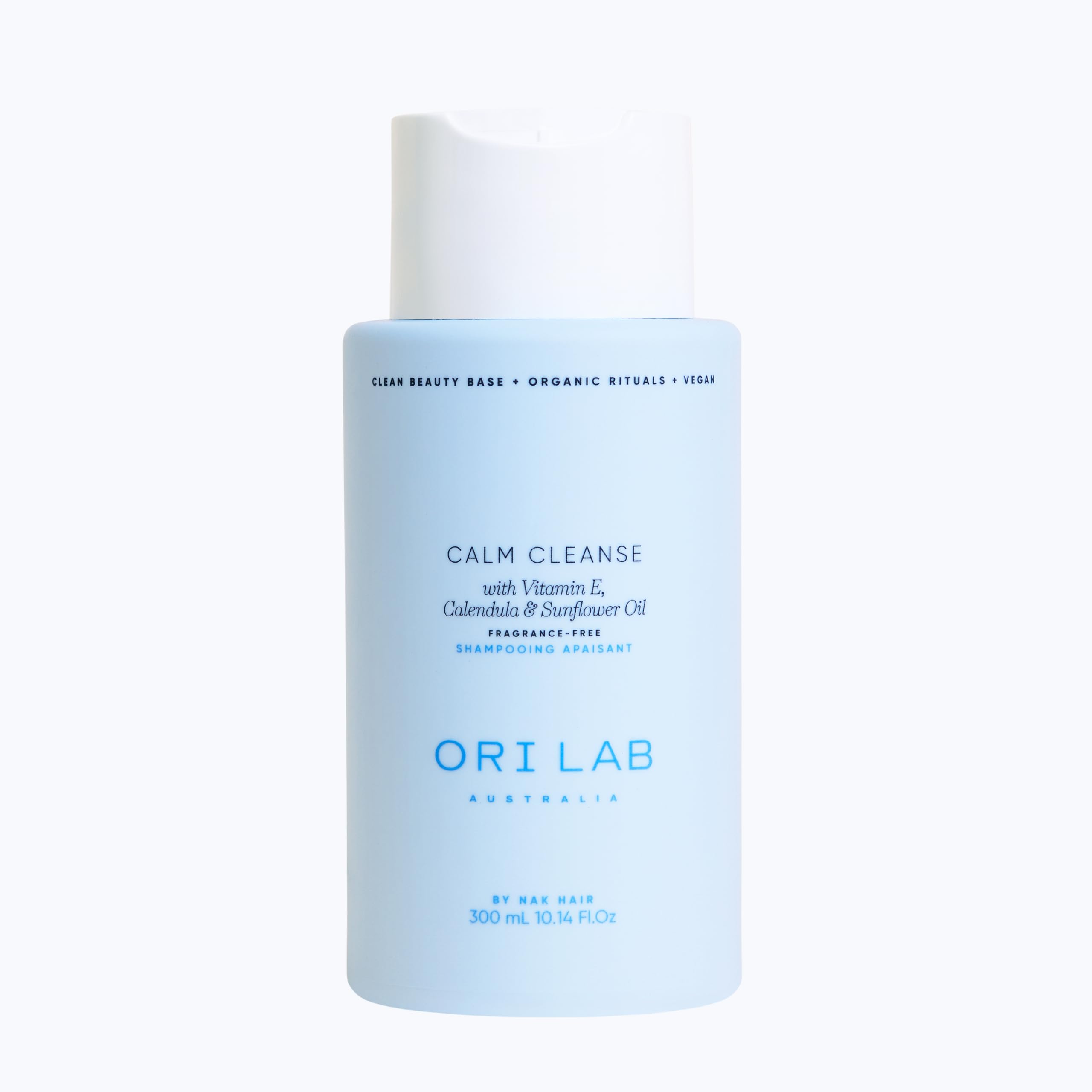 ORI LAB Calm Cleanse bottle side view showing fragrance-free formula for gentle scalp care