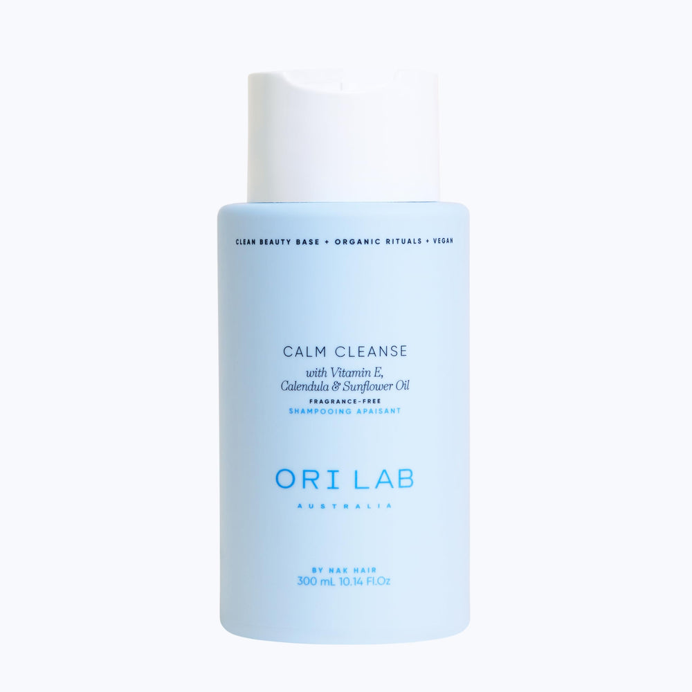 ORI LAB Calm Cleanse bottle side view showing fragrance-free formula for gentle scalp care