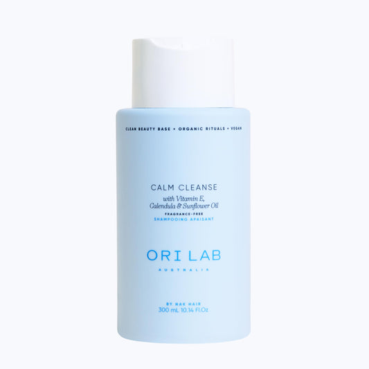 ORI LAB Calm Cleanse bottle side view showing fragrance-free formula for gentle scalp care