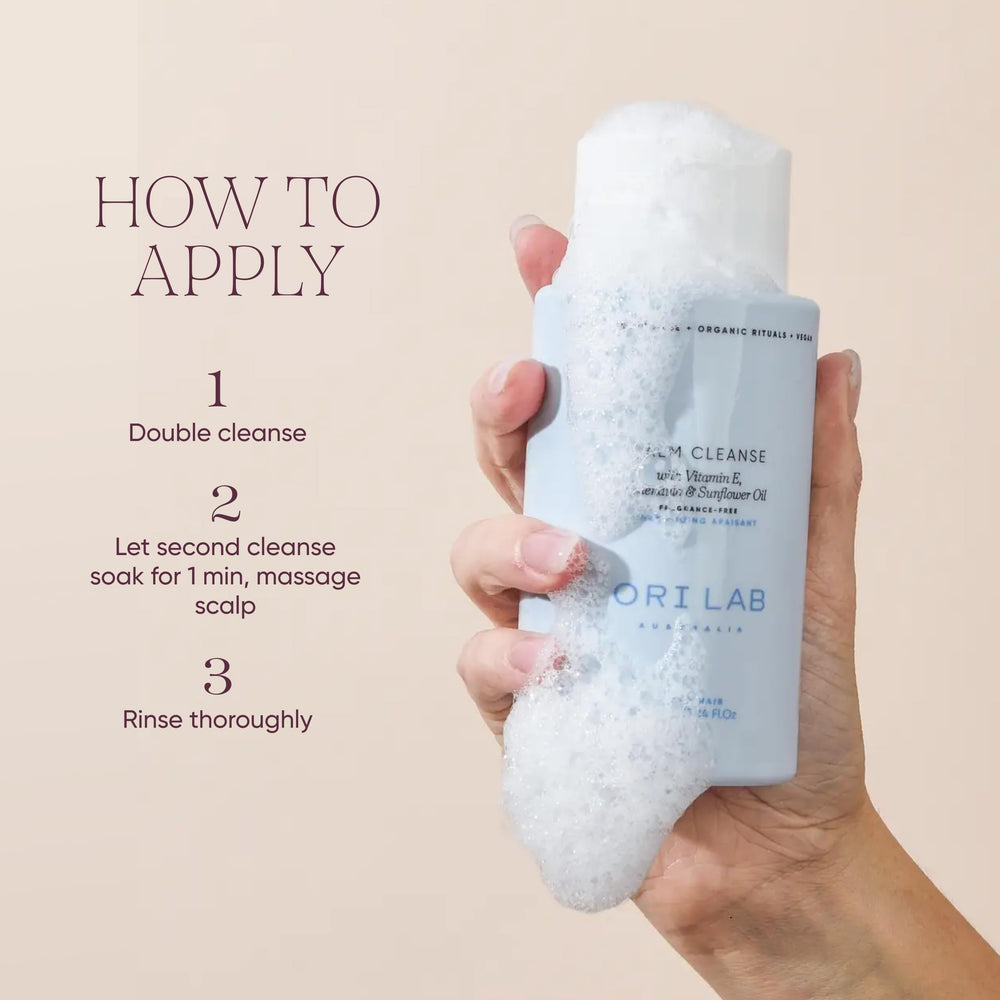 ORI LAB Calm Cleanse foamy lather closeup with fragrance-free cleansing
