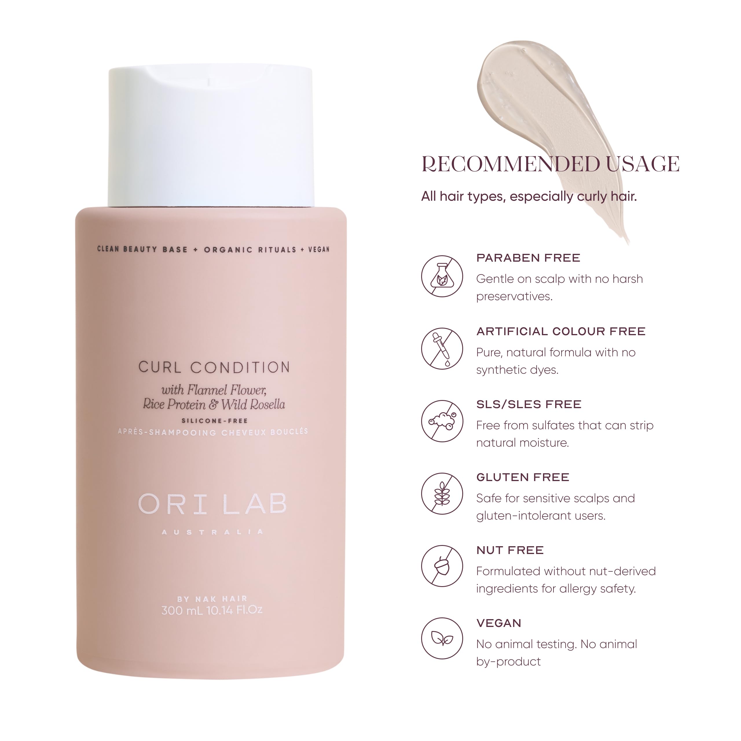 Clean Beauty Base ingredients with Niacinamide, Hyaluronic Acid, Aloe Vera in ORI LAB Curl Condition.