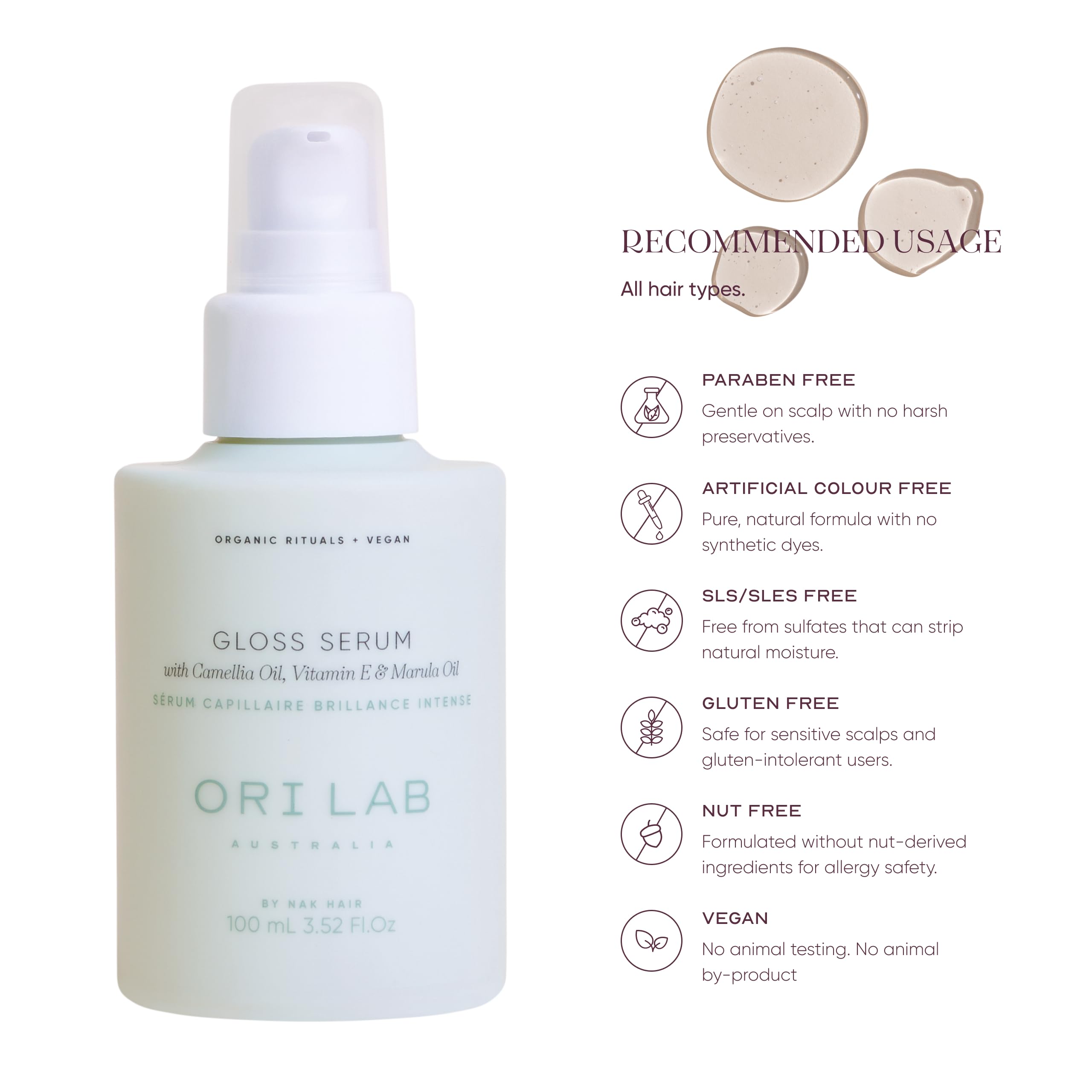 ORI LAB Gloss Serum contains vitamin E for nourishing shine.