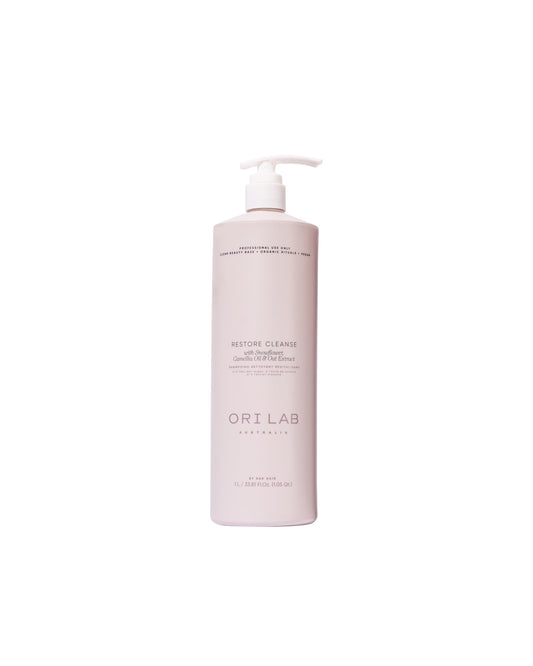 ORI LAB Restore Cleanse bottle pour action, helping maintain color longevity and smoothness.