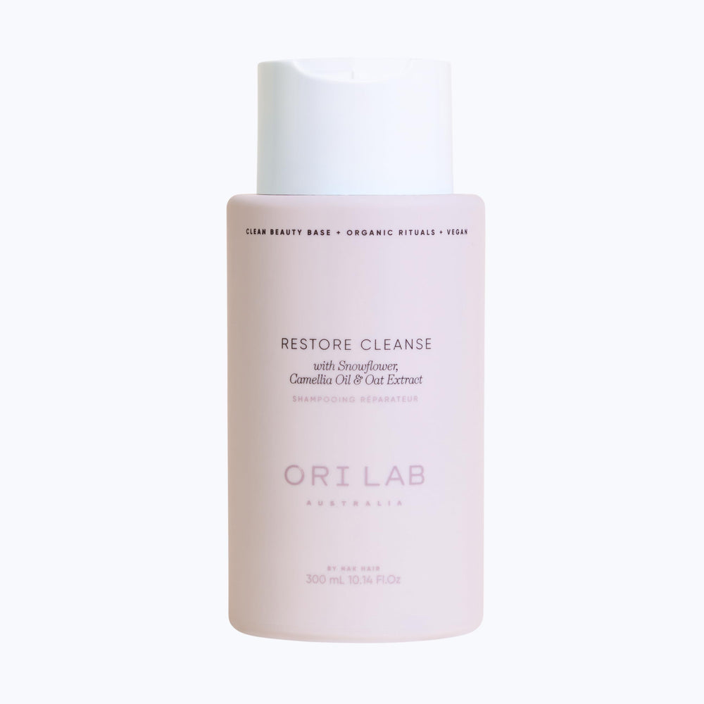 ORI LAB Restore Cleanse bottle showcases a color-safe, hydrating shampoo for daily care.