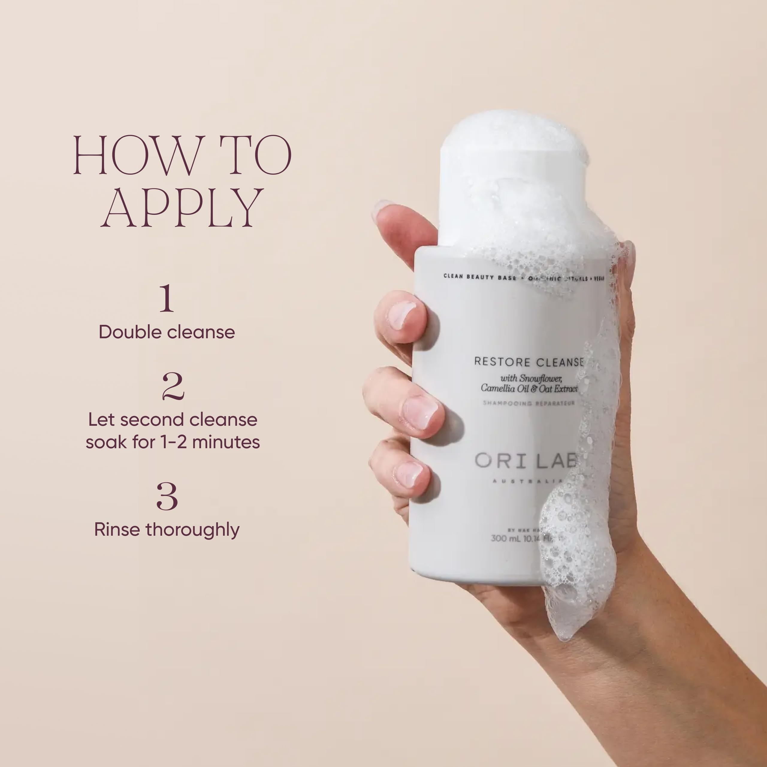 ORI LAB Restore Cleanse color-treated-hair detail suggests gentle cleansing for fragile locks.