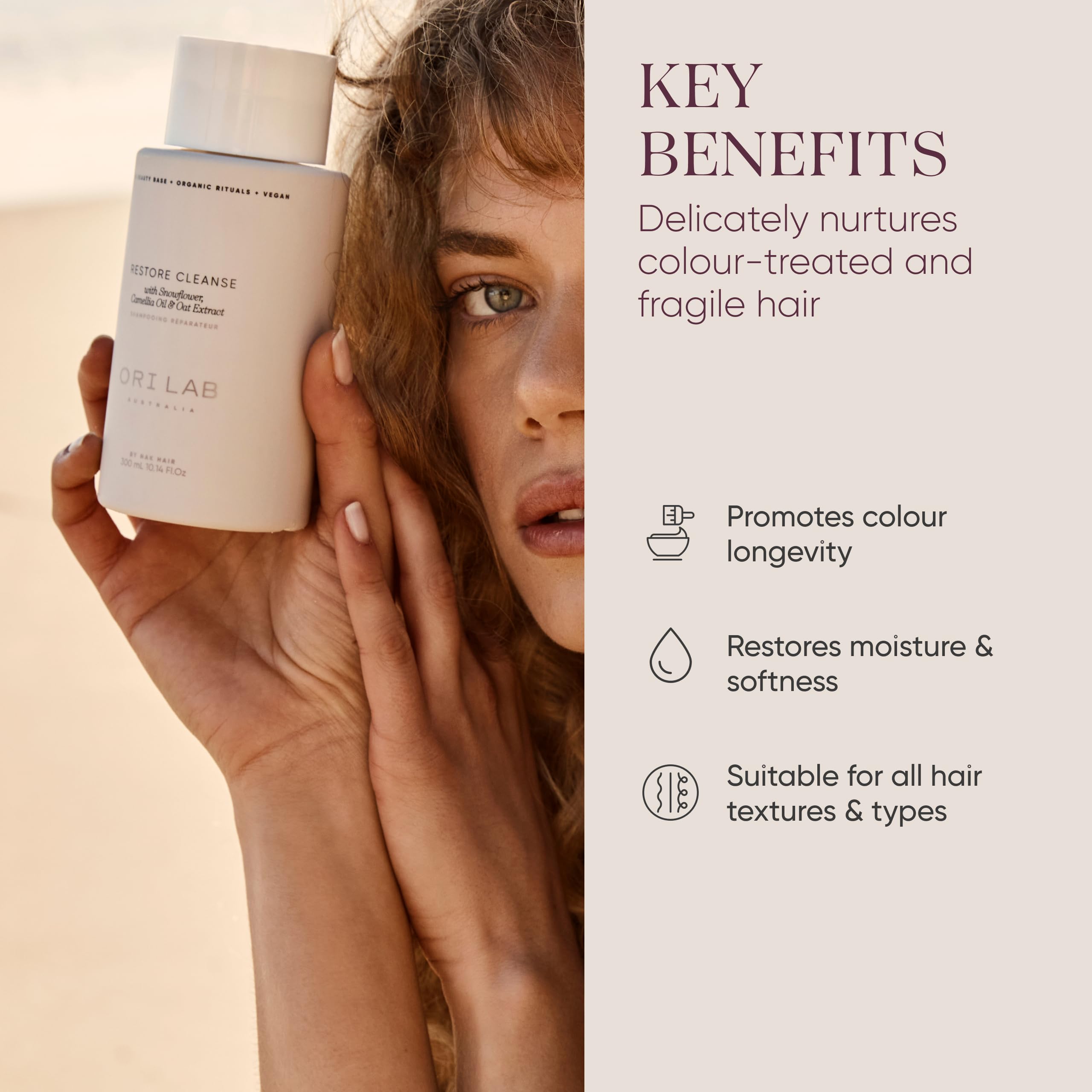 ORI LAB Restore Cleanse lather forms a soft, moisturizing foam for color-treated hair.