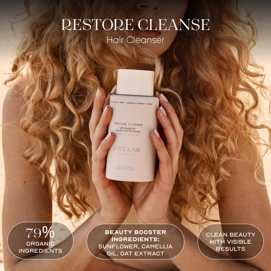 ORI LAB Restore Cleanse pour action demonstrates even distribution of the gentle cleanser.