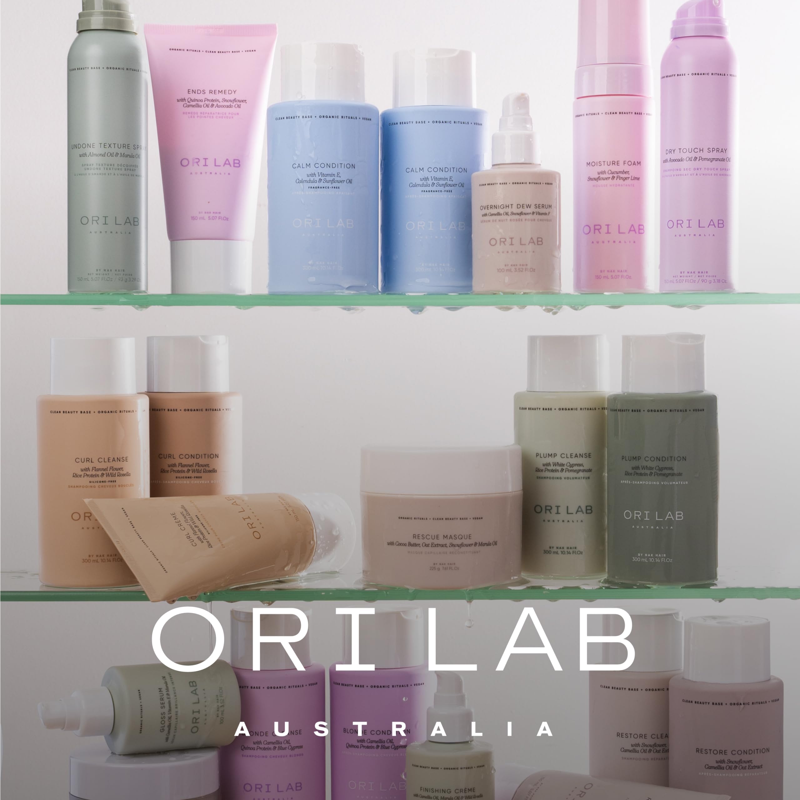 ORI LAB Restore Condition bathroom-shelf display suggests premium plant-based care.