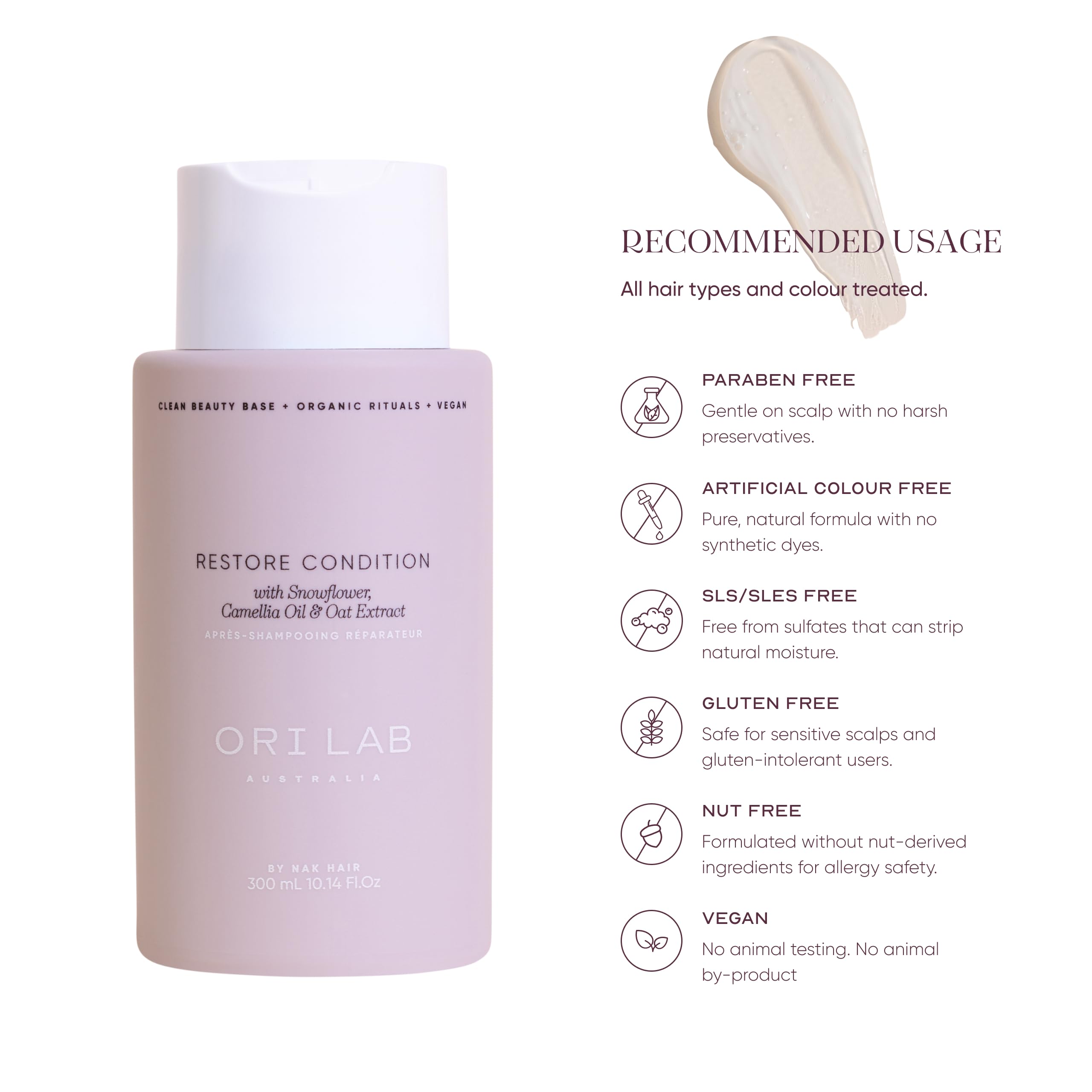ORI LAB Restore Condition ingredient-swatch reveals Snowflower, Camellia oil and oats.