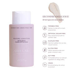 ORI LAB Restore Condition ingredient-swatch reveals Snowflower, Camellia oil and oats.