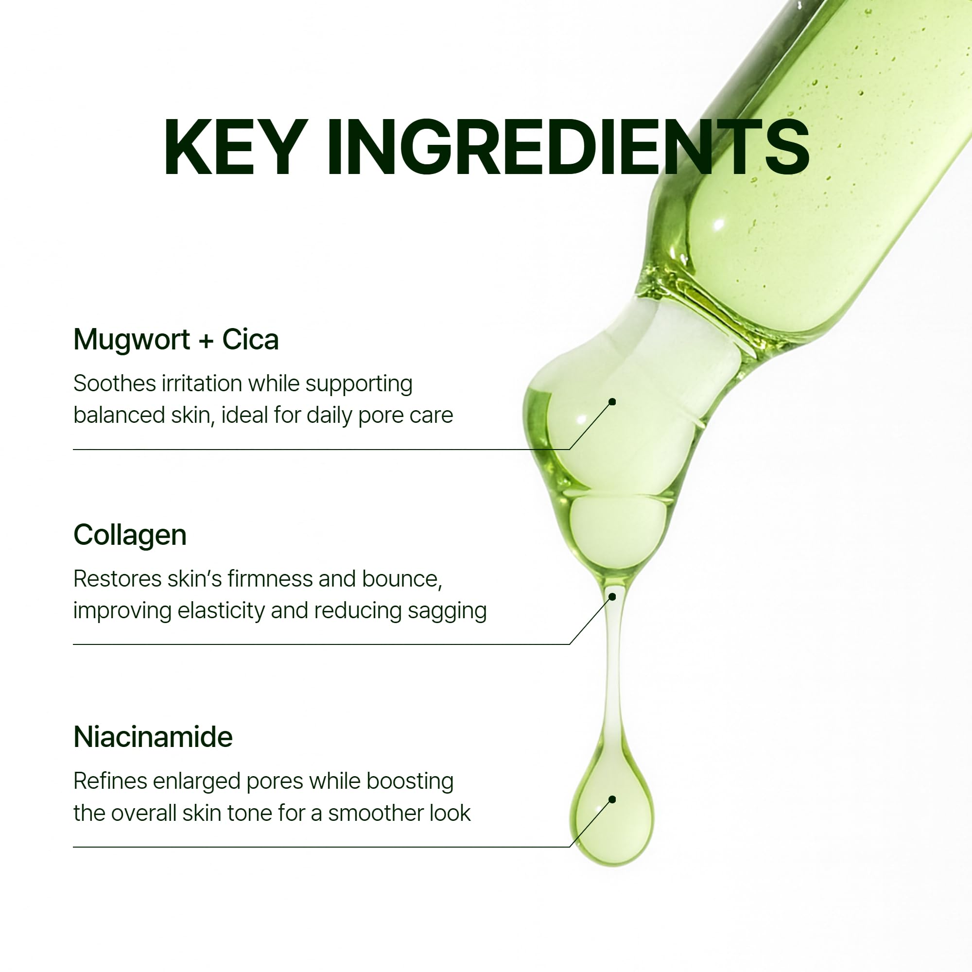 Orien Mugwort Collagen Serum diagram highlights ceramides and hyaluronic acid.