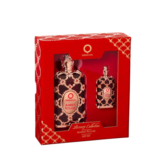 Orientica Amber Rouge gift set with two bottles for elegant gifting.