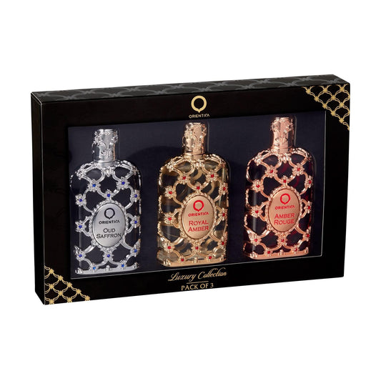 Orientica Luxury Collection 3pc gift set display featuring three 30ml bottles, ideal for gifting.
