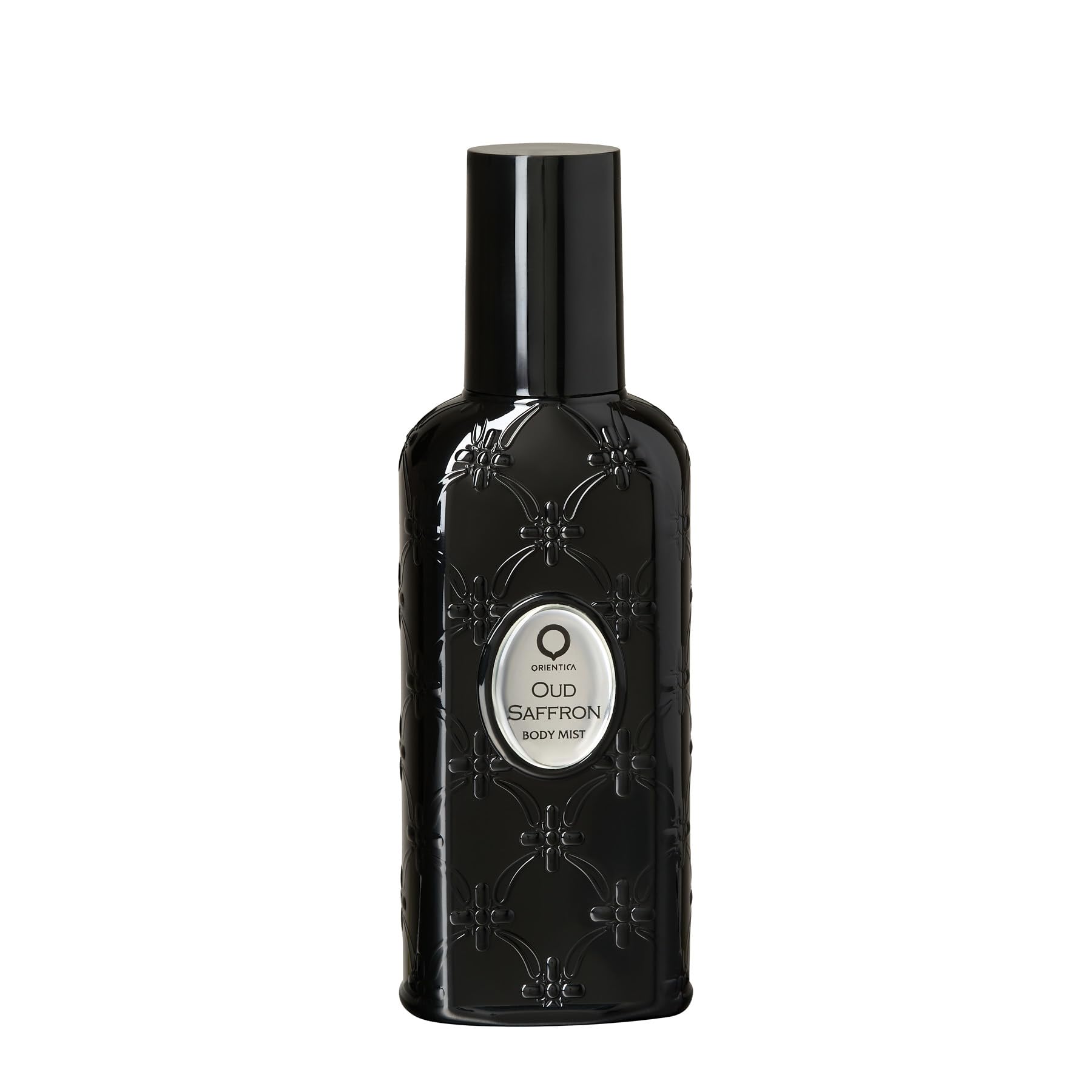 Orientica Oud Saffron Body Mist bottle shows warm, long-lasting fragrance for day or night use.