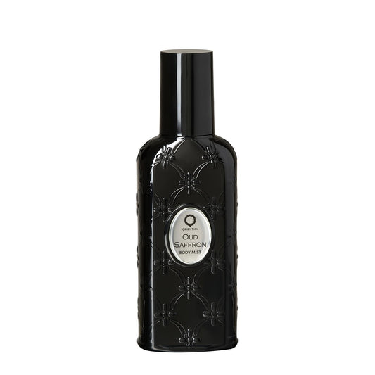 Orientica Oud Saffron Body Mist bottle shows warm, long-lasting fragrance for day or night use.