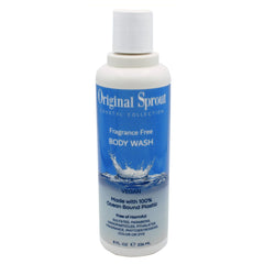 Original Sprout Coastal Body Wash bottle on a bathroom counter, fragrance-free for sensitive skin.