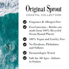 Close-up of Original Sprout Coastal label showing fragrance-free formula and gentle ingredients.