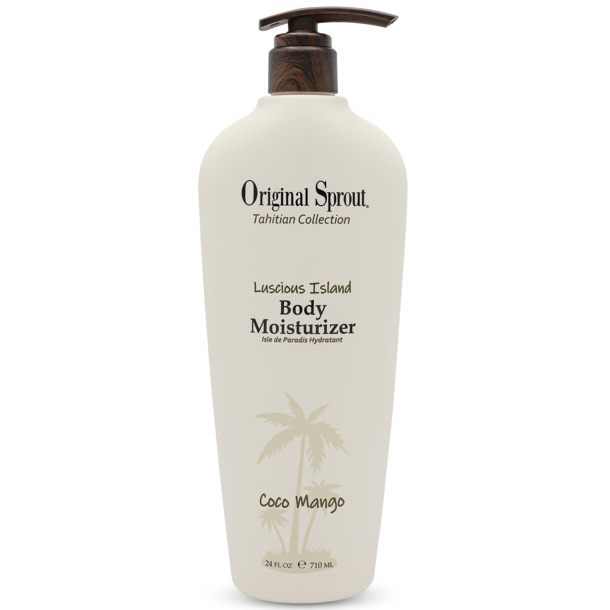 Original Sprout Luscious Island Moisturizer bottle front, lightweight hydration, tropical coconut-mango scent.