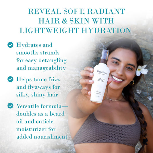 Original Sprout Luscious Island Hair Oil oil drop shows non-greasy formula for frizz control
